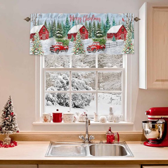 Kitchen Valances for Window, Merry Christmas Red Truck Light Filtering Rod Pocket Valance Curtain, Farm Pine Trees Barn House Short Curtains Window Topper for Bedroom Bathroom Living Room 42x18in