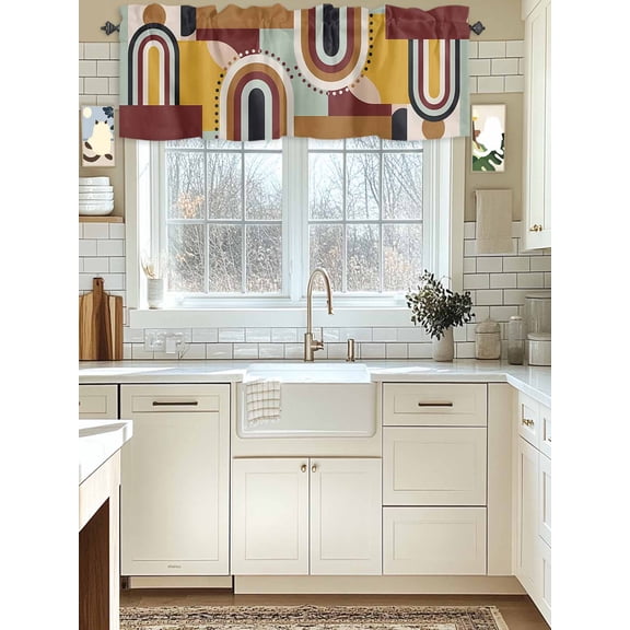 Kitchen Valances for Window, Mid Century Abstract Ethnic Art Light Filtering Rod Pocket Valance Curtain, Yellow Brown Geometric Color Block Short Curtains Window Topper for Bedroom 42x12in