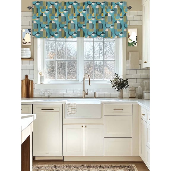 Kitchen Valances for Window, Mid Century Abstract Geometric Art Light Filtering Rod Pocket Valance Curtain, Medieval Arches and Stripes Short Curtains Window Topper for Bedroom Living Room 54x18in