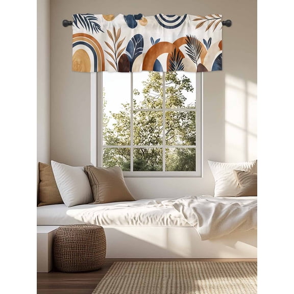 Kitchen Valances for Window, Mid Century Abstract Geometric Light Filtering Rod Pocket Valance Curtain, Boho Leaves Nordic Arch Sun Short Curtains Window Topper for Bedroom Living Room 54x18in