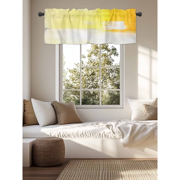 Kitchen Valances for Window, Minimalist Grey Yellow Color Block Light Filtering Rod Pocket Valance Curtain, Abstract Sunset Scenery Short Curtains Window Topper for Bedroom Living Room 54x18in