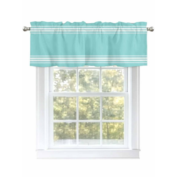 Kitchen Valances for Window, Minimalist Line Art Light Filtering Rod Pocket Valance Curtain, White Stripe on Light Teal Blue Short Curtains Window Topper for Bedroom Bathroom Living Room 54x18in