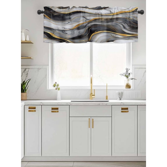 Kitchen Valances for Window, Modern Abstract Marble Texture Light Filtering Rod Pocket Valance Curtain, Black Gold Stripe Water Ripple Short Curtains Window Topper for Bedroom 42x12in