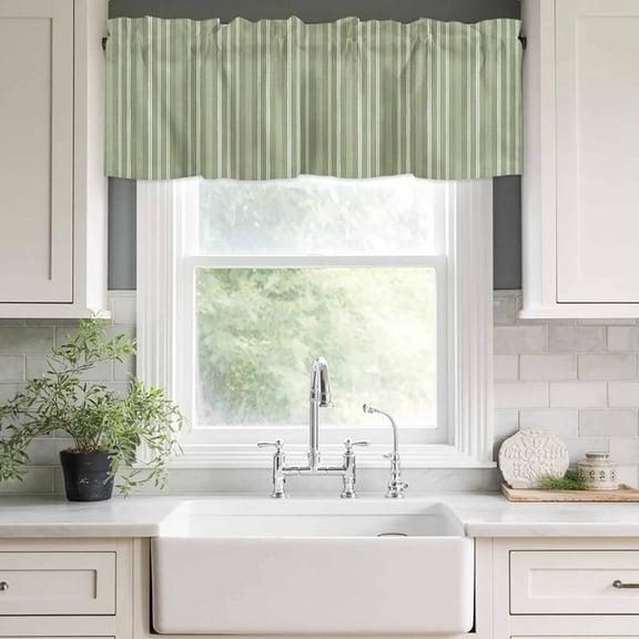 Kitchen Valances for Window, Modern Minimalist Stripe Light Filtering Rod Pocket Valance Curtain, Abstract Geometric Line on Sage Green Short Curtains Window Topper for Bedroom Bathroom 42x12in