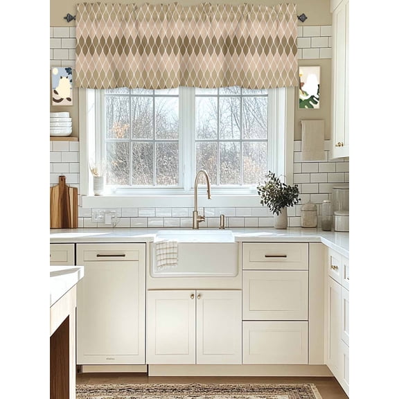 Kitchen Valances for Window, Modern Ombre Brown Chevron Light Filtering Rod Pocket Valance Curtain, Vintage Curve Short Curtains Window Topper for Bedroom Bathroom Living Room 54x18in