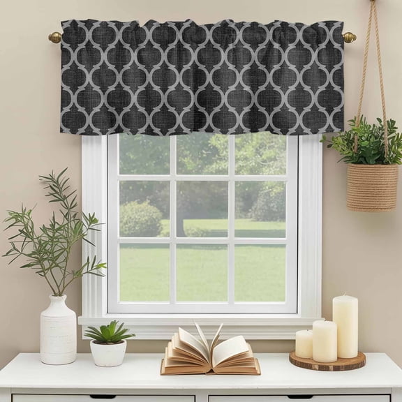 Kitchen Valances for Window, Moroccan Black Geometric Lattice Light Filtering Rod Pocket Valance Curtain, Vintage Medieval Pattern Short Curtains Window Topper for Bedroom Living Room 42x12in