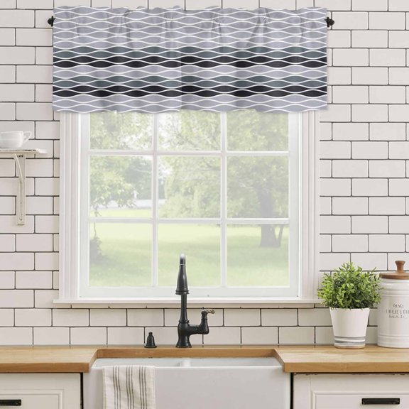 Kitchen Valances for Window, Moroccan Texture White Wave Stripe Light Filtering Rod Pocket Valance Curtain, Black Dusty Purple Short Curtains Window Topper for Bedroom Bathroom Living Room 54x18in