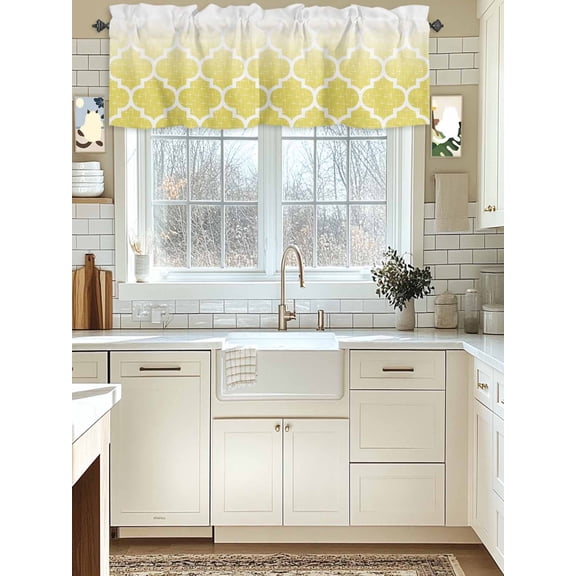 Kitchen Valances for Window, Morocco Abstract Tile Trellis Lattice Light Filtering Rod Pocket Valance Curtain, Modern Yellow Gradient Art Short Curtains Window Topper for Bedroom 42x12in