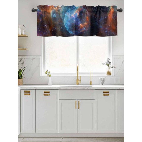 Kitchen Valances for Window, Mysterious Planet Outer Space Light Filtering Rod Pocket Valance Curtain, Modern Abstract Art Short Curtains Window Topper for Bedroom Bathroom Living Room 42x12in