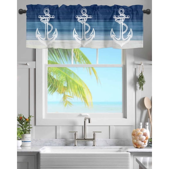Kitchen Valances for Window, Nautical Anchor Navy Blue Gradient Light Filtering Rod Pocket Valance Curtain, Summer Coastal Nautical Theme Short Curtains Window Topper for Bedroom 54x18in