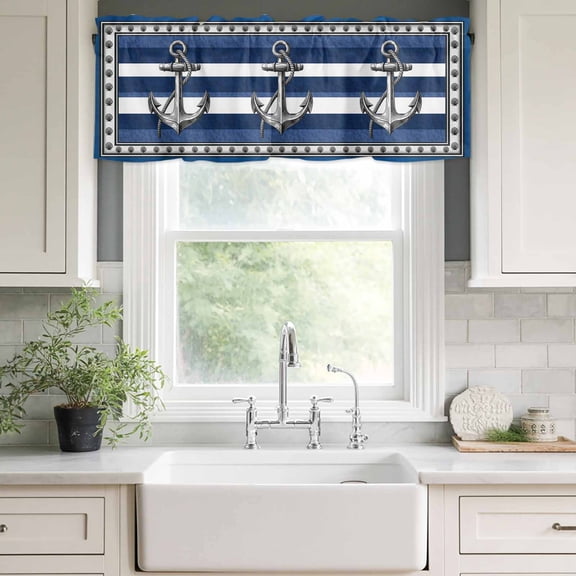 Kitchen Valances for Window, Nautical Anchor Navy Blue Stripes Light Filtering Rod Pocket Valance Curtain, Ocean Seashell Short Curtains Window Topper for Bedroom Bathroom Living Room 42x12in