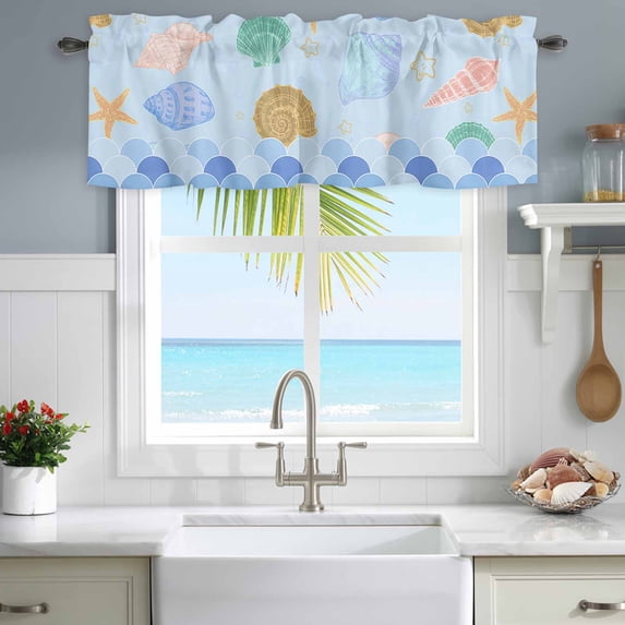 Kitchen Valances for Window, Nautical Starfish Conch Blue Watercolor Mermaid Scales Light Filtering Rod Pocket Valance Curtain, Coastal Shells Ocean Style Short Curtains Window Topper 42x12in