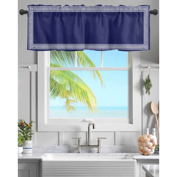 Kitchen Valances for Window, Navy Blue Abstract Geometric Light Filtering Rod Pocket Valance Curtain, Back Print Border &nbsp;Short Curtains Window Topper for Bedroom Bathroom Living Room 42x12in