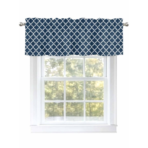 Kitchen Valances for Window, Navy Blue Morocco Light Filtering Rod Pocket Valance Curtain, Farm Buffalo Plaid Short Curtains Window Topper for Bedroom Bathroom Living Room 54x18in