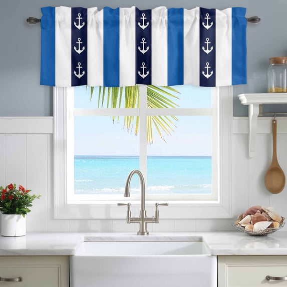 Kitchen Valances for Window, Navy Blue Stripe Nautical Anchor Light Filtering Rod Pocket Valance Curtain, Minimalist Style Short Curtains Window Topper for Bedroom Bathroom Living Room 42x12in