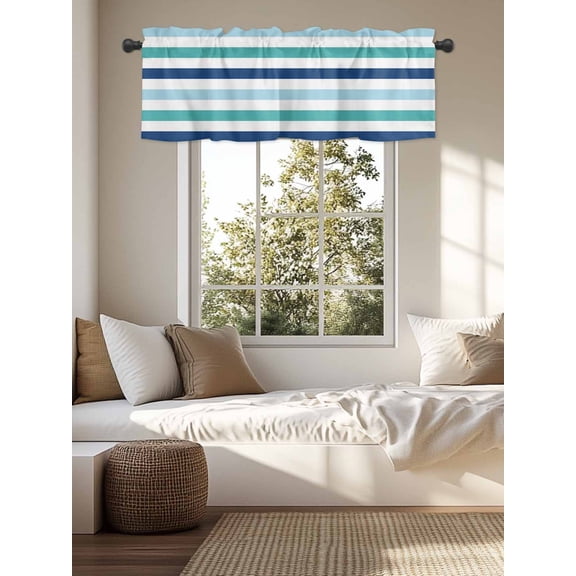 Kitchen Valances for Window, Navy Blue Teal Gradient Light Filtering Rod Pocket Valance Curtain, White Stripe Line Short Curtains Window Topper for Bedroom Bathroom Living Room 54x18in