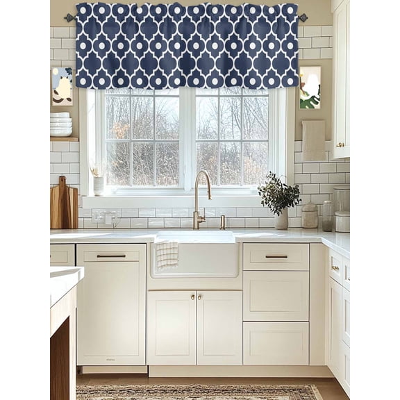 Kitchen Valances for Window, Navy Blue Trellis Print Light Filtering Rod Pocket Valance Curtain, Morocco Geometric Pearl Style Short Curtains Window Topper for Bedroom Bathroom Living Room 42x12in