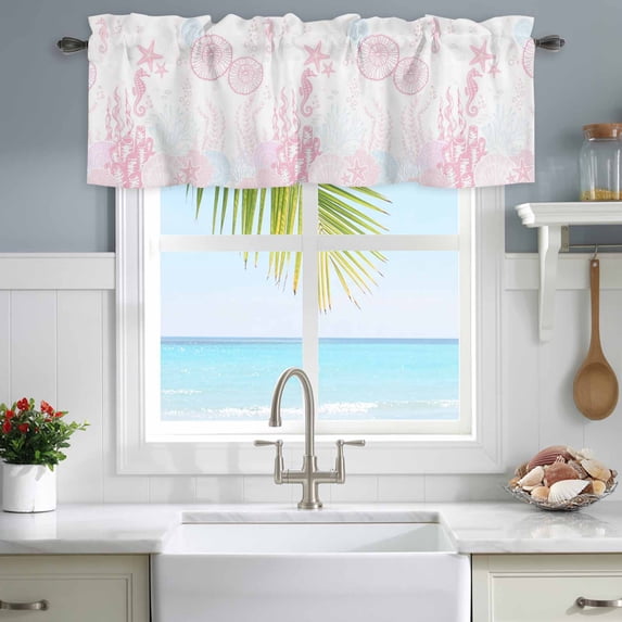 Kitchen Valances for Window, Ocean Pink Coral Seahorse Light Filtering Rod Pocket Valance Curtain, Abstract Marine Life Short Curtains Window Topper for Bedroom Bathroom Living Room 42x12in