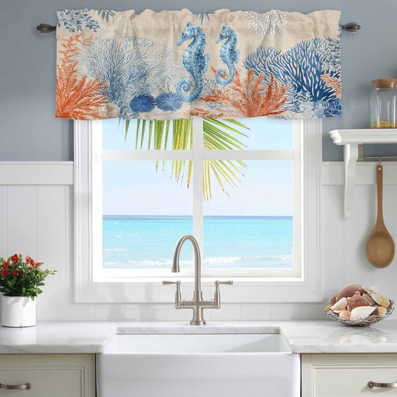 Kitchen Valances for Window, Ocean Starfish Seahorses Coral Light Filtering Rod Pocket Valance Curtain, Underwater Marine Life on Linen Short Curtains Window Topper for Bedroom Living Room 42x12in
