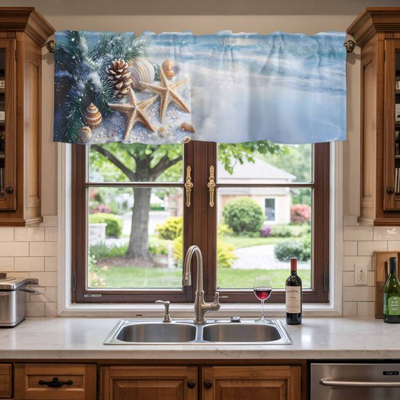 Kitchen Valances for Window, Ocean Starfish Shell Christmas Pine Cone Light Filtering Rod Pocket Valance Curtain, Winter Snow Blue Ocean Short Curtains Window Topper for Bedroom Living Room 54x18in