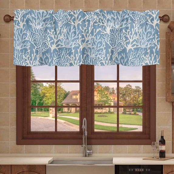 Kitchen Valances for Window, Ocean Undersea Coral Seaweed Light Filtering Rod Pocket Valance Curtain, Watercolor Marine Life on Blue Short Curtains Window Topper for Bedroom 42x18in