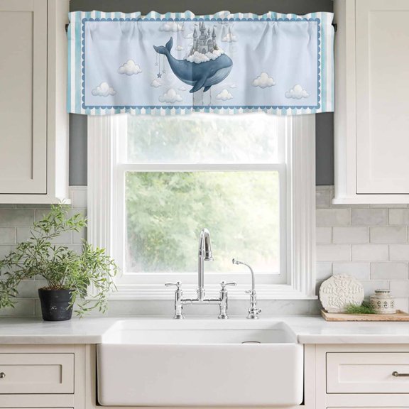 Kitchen Valances for Window, Ocean Whale Castle Cloud Sky Light Filtering Rod Pocket Valance Curtain, Blue Theme Stripe &nbsp;Short Curtains Window Topper for Bedroom Bathroom Living Room 42x18in