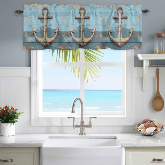 Kitchen Valances for Window, Old Ship Anchor on Wood Grain Light Filtering Rod Pocket Valance Curtain, Nautical Farm Blue Planks Short Curtains Window Topper for Bedroom Bathroom Living Room 42x12in