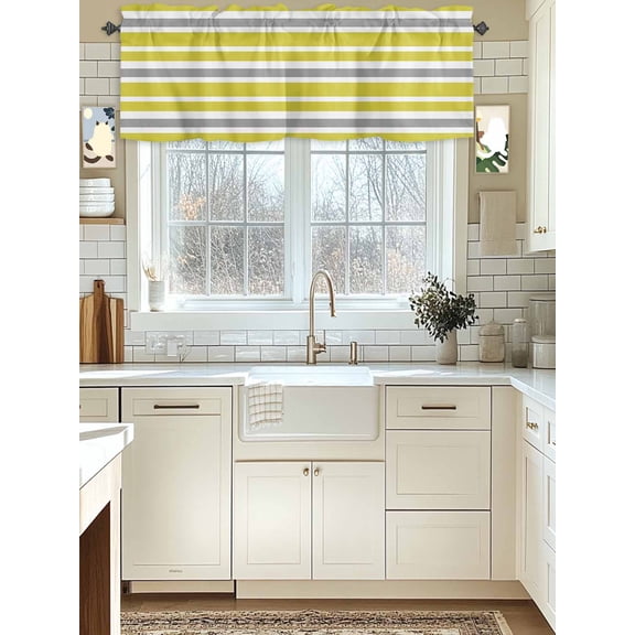 Kitchen Valances for Window, Olive Green Grey White Striped Light Filtering Rod Pocket Valance Curtain, Simplistic Line Short Curtains Window Topper for Bedroom Bathroom Living Room 42x12in