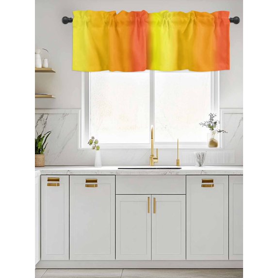 Kitchen Valances for Window, Ombre Orange Blue Stripe Light Filtering Rod Pocket Valance Curtain, Abstract Minimalist Style Short Curtains Window Topper for Bedroom Bathroom Living Room 42x12in