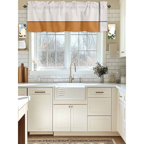 Kitchen Valances for Window, Orange Color Block Black Stripes Retro Linen Light Filtering Rod Pocket Valance Curtain, Abstract Geometric Art Short Curtains Window Topper for Bedroom 42x12in