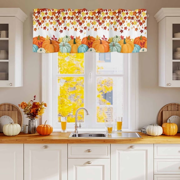 Kitchen Valances for Window, Orange Maple Leaf Fall Thanksgiving Pumpkin Light Filtering Rod Pocket Valance Curtain, Watercolor Fallen Leaves Short Curtains Window Topper for Bedroom 54x18in