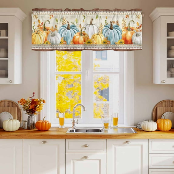 Kitchen Valances for Window, Orange Pumpkin Maple Leaf Fall Thanksgiving Light Filtering Rod Pocket Valance Curtain, Boho Stripe Vintage Stamp Short Curtains Window Topper for Bedroom 54x18in