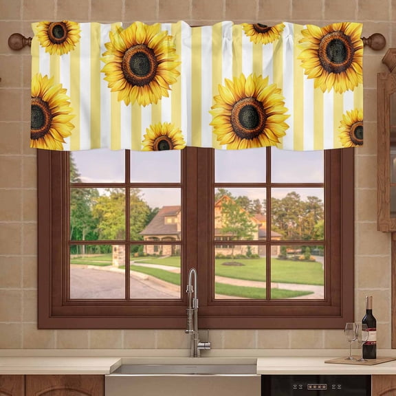 Kitchen Valances for Window, Pastoral Summer Sunflower Flower Light Filtering Rod Pocket Valance Curtain, Modern Yellow Striped Short Curtains Window Topper for Bedroom 42x12in