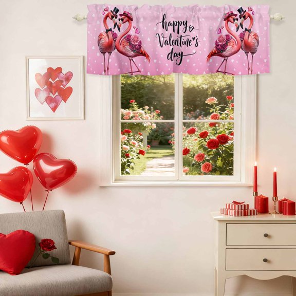 Kitchen Valances for Window, Pink Flamingo Heart Light Filtering Rod Pocket Valance Curtain, Valentine's Day Love Flower Short Curtains Window Topper for Bedroom 42x12in