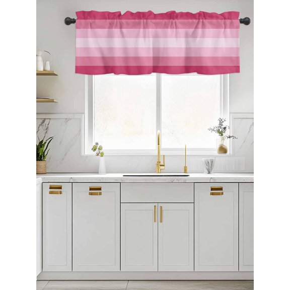 Kitchen Valances for Window, Pink Gradient Stripe Texture Light Filtering Rod Pocket Valance Curtain, Minimalist Modern Color Art Short Curtains Window Topper for Bedroom Bathroom Living Room 60x18in