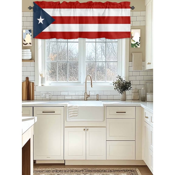 Kitchen Valances for Window, Puerto Rican Flag Light Filtering Rod Pocket Valance Curtain, Red and White Stripes Short Curtains Window Topper for Bedroom Bathroom Living Room 42x12in