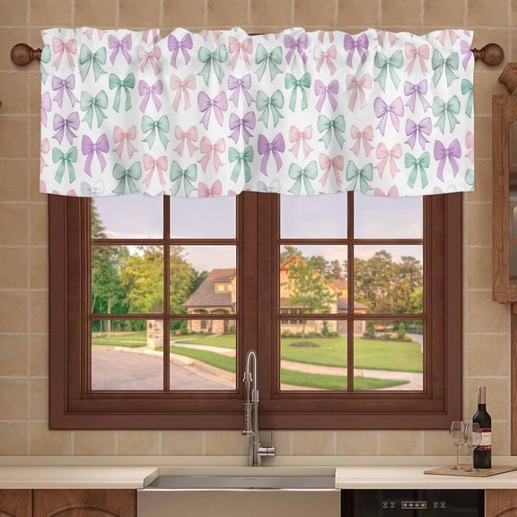 Kitchen Valances for Window, Purple Green Bow Light Filtering Rod Pocket Valance Curtain, Watercolor Bow-knot Short Curtains Window Topper for Bedroom 54x18in