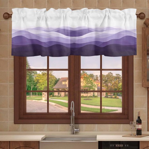 Kitchen Valances for Window, Purple Ombre Minimalist Wave Stripe Light Filtering Rod Pocket Valance Curtain, Modern Geometric Color Art Short Curtains Window Topper for Bedroom 54x18in