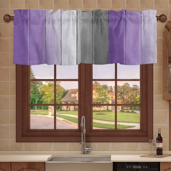 Kitchen Valances for Window, Purple Plank Retro Farm Wood Board Light Filtering Rod Pocket Valance Curtain, Gray Gradient Wood Grain &nbsp;Short Curtains Window Topper for Bedroom 42x12in