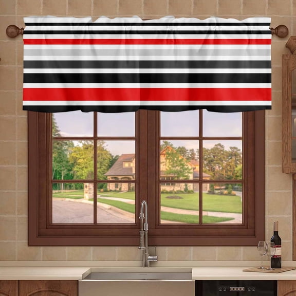 Kitchen Valances for Window, Red Black Grey Stripes Light Filtering Rod Pocket Valance Curtain, Modern Geometric Pattern Short Curtains Window Topper for Bedroom 42x12in