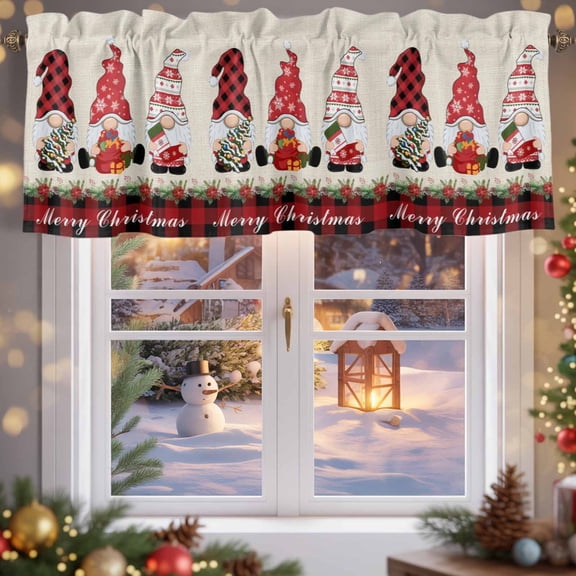Kitchen Valances for Window, Red Black Plaid Lattice Dwarf Snowflake Light Filtering Rod Pocket Valance Curtain, Merry Christmas Short Curtains Window Topper for Bedroom Living Room 42x12in