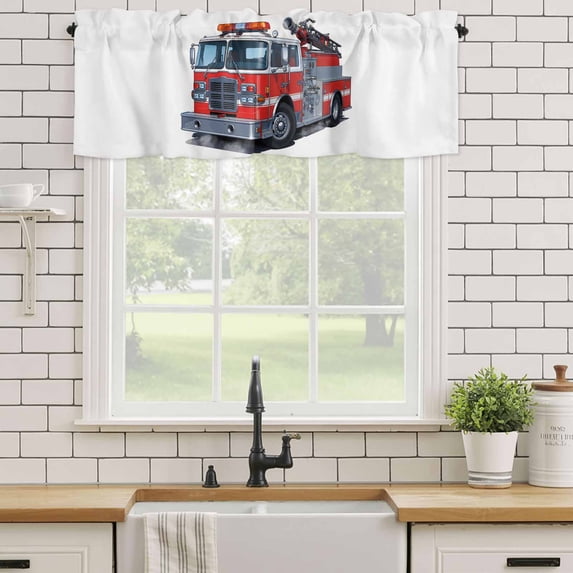 Kitchen Valances for Window, Red Fire Truck Cartoon Car Light Filtering Rod Pocket Valance Curtain, Modern Minimalist Style Short Curtains Window Topper for Bedroom Bathroom Living Room 42x18in