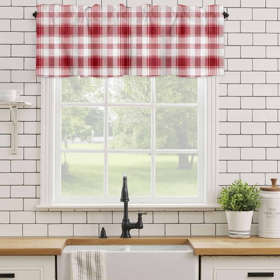 Kitchen Valances for Window, Red White Gradual Light Filtering Rod Pocket Valance Curtain, Abstract Geometric Plaid Short Curtains Window Topper for Bedroom Bathroom Living Room 54x18in