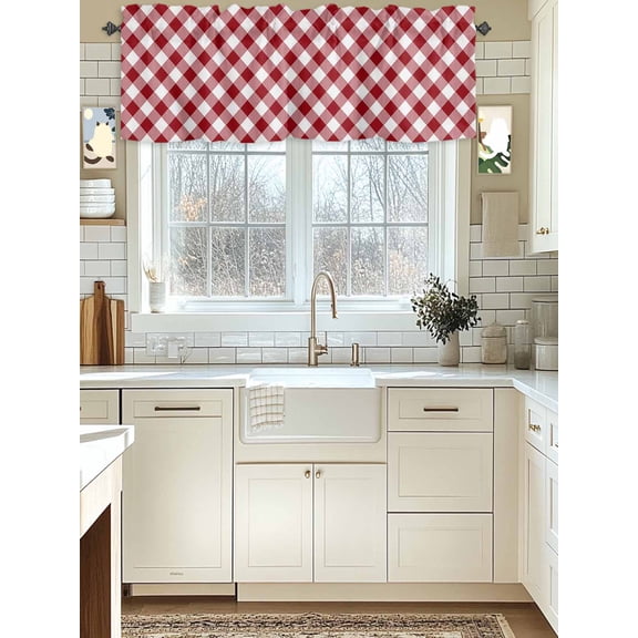 Kitchen Valances for Window, Red and White Plaid Light Filtering Rod Pocket Valance Curtain, Buffalo Check Tartan Short Curtains Window Topper for Bedroom Bathroom Living Room 54x18in