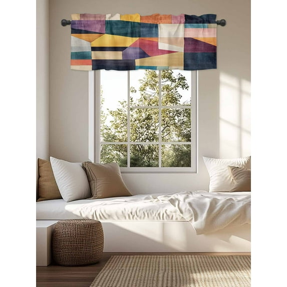 Kitchen Valances for Window, Retro Abstract Colorful Geometric Light Filtering Rod Pocket Valance Curtain, Artistic Block Seamless &nbsp;Short Curtains Window Topper for Bedroom Living Room 54x18in