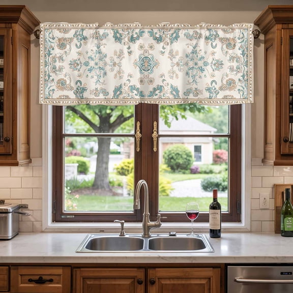 Kitchen Valances for Window, Retro Bohemia Tribal Flower Border Light Filtering Rod Pocket Valance Curtain, Western Farmhouse Short Curtains Window Topper for Bedroom Bathroom Living Room 60x18in