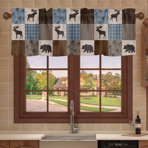 Kitchen Valances for Window, Retro Deer Bear Plaid Check Light Filtering Rod Pocket Valance Curtain, Abstract Patchwork Pattern Short Curtains Window Topper for Bedroom 42x12in