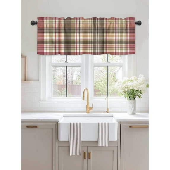 Kitchen Valances for Window, Retro Farmhouse Checkered Plaid Light Filtering Rod Pocket Valance Curtain, Abstract Lattice Stripe Short Curtains Window Topper for Bedroom Bathroom Living Room 54x18in
