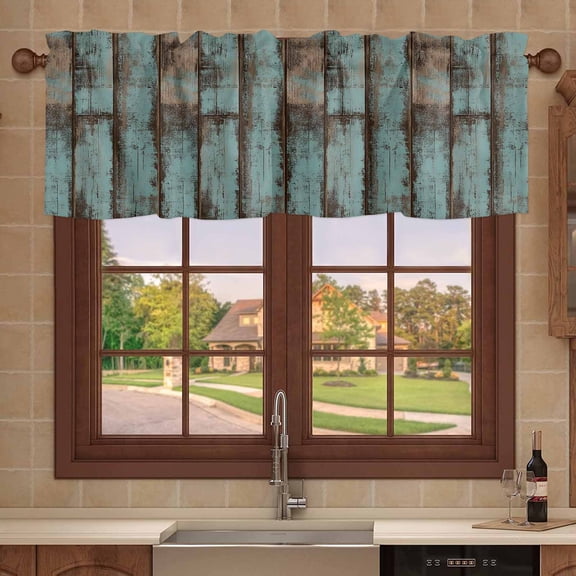 Kitchen Valances for Window, Retro Gradient Teal Wood Grain Light Filtering Rod Pocket Valance Curtain, Country Old Board &nbsp;Short Curtains Window Topper for Bedroom Bathroom Living Room 42x12in