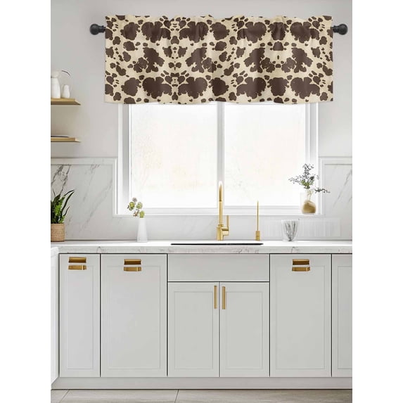 Kitchen Valances for Window, Retro Rustic Cow Skin Brown Light Filtering Rod Pocket Valance Curtain, Farm Animal Short Curtains Window Topper for Bedroom Bathroom Living Room 60x18in